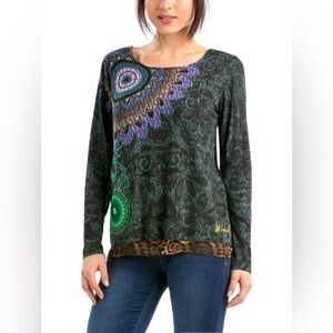 Desigual Artsy Mixed Media Animal Print Long Sleeve Layered Blouse Size M
